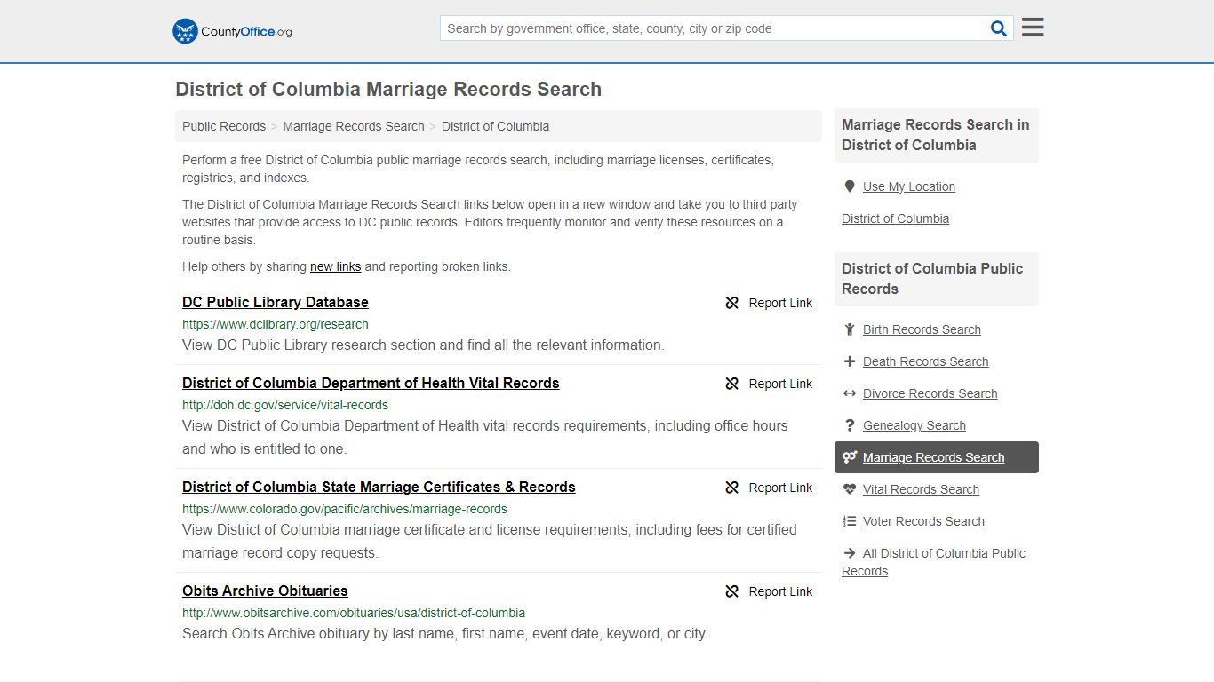 District of Columbia Marriage Records Search - County Office