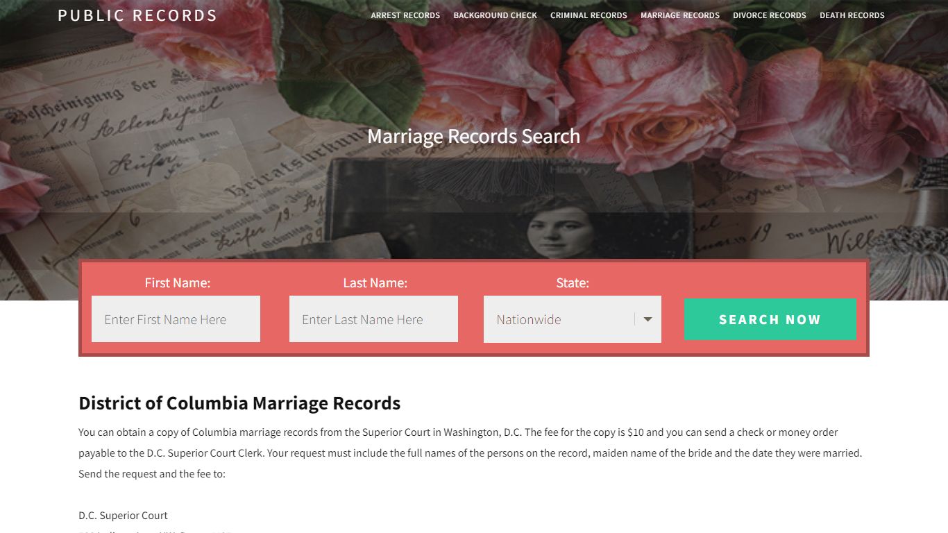 District of Columbia Marriage Records | Enter Name and Search